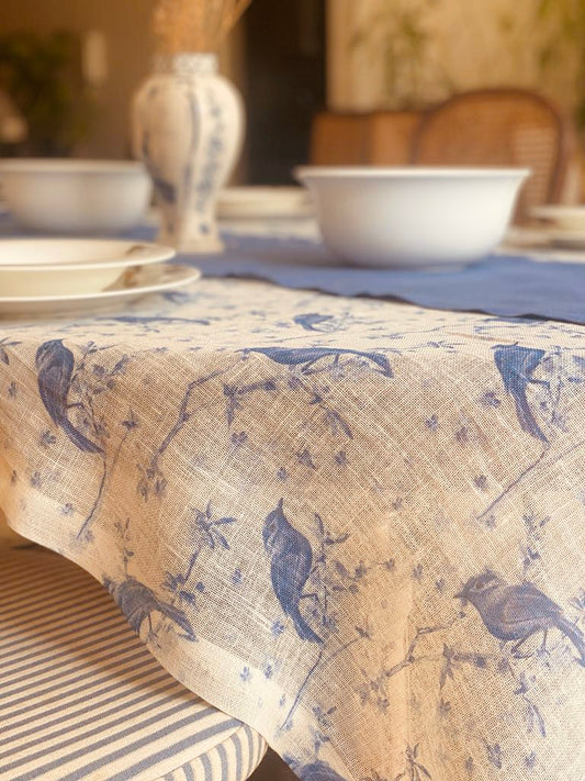 Printed Bleu Blanc Birds Tablecloth