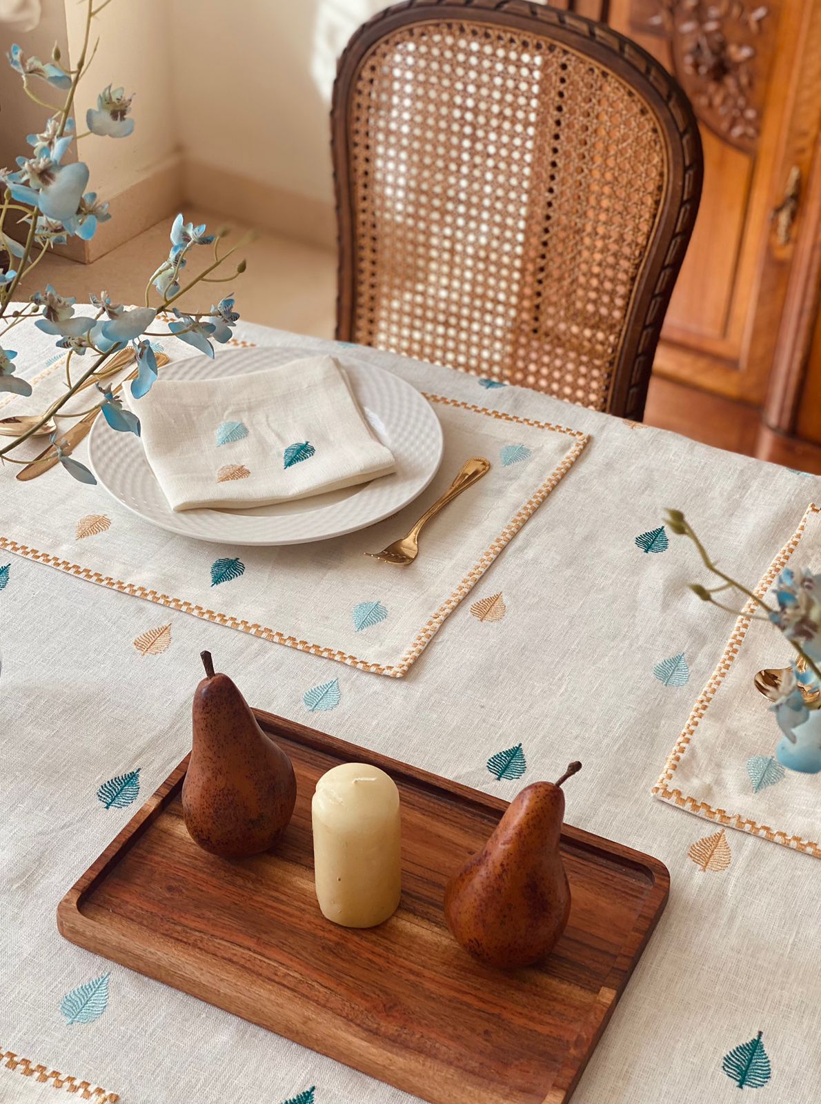 Embroidered Boho Leaf Trees Tablecloth