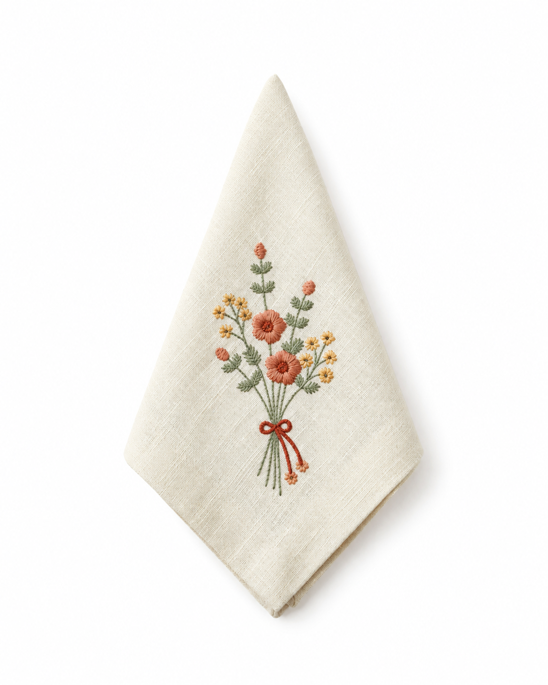An off-white linen napkin folded into a diamond shape, featuring an embroidered bouquet of orange, yellow, and red flowers with green leaves tied with a red ribbon, set against a plain white background.