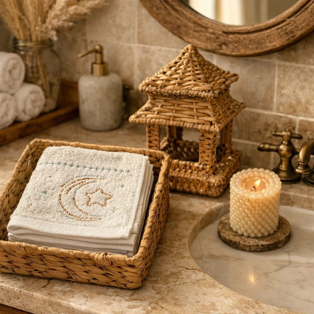 Woven decorative lantern on a bathroom counter with a candle and towel.
ramadan decoration زينة رمضان للبيت
مفرش رمضان - فوط رمضان