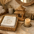 Woven decorative lantern on a bathroom counter with a candle and towel.
ramadan decoration زينة رمضان للبيت
مفرش رمضان - فوط رمضان