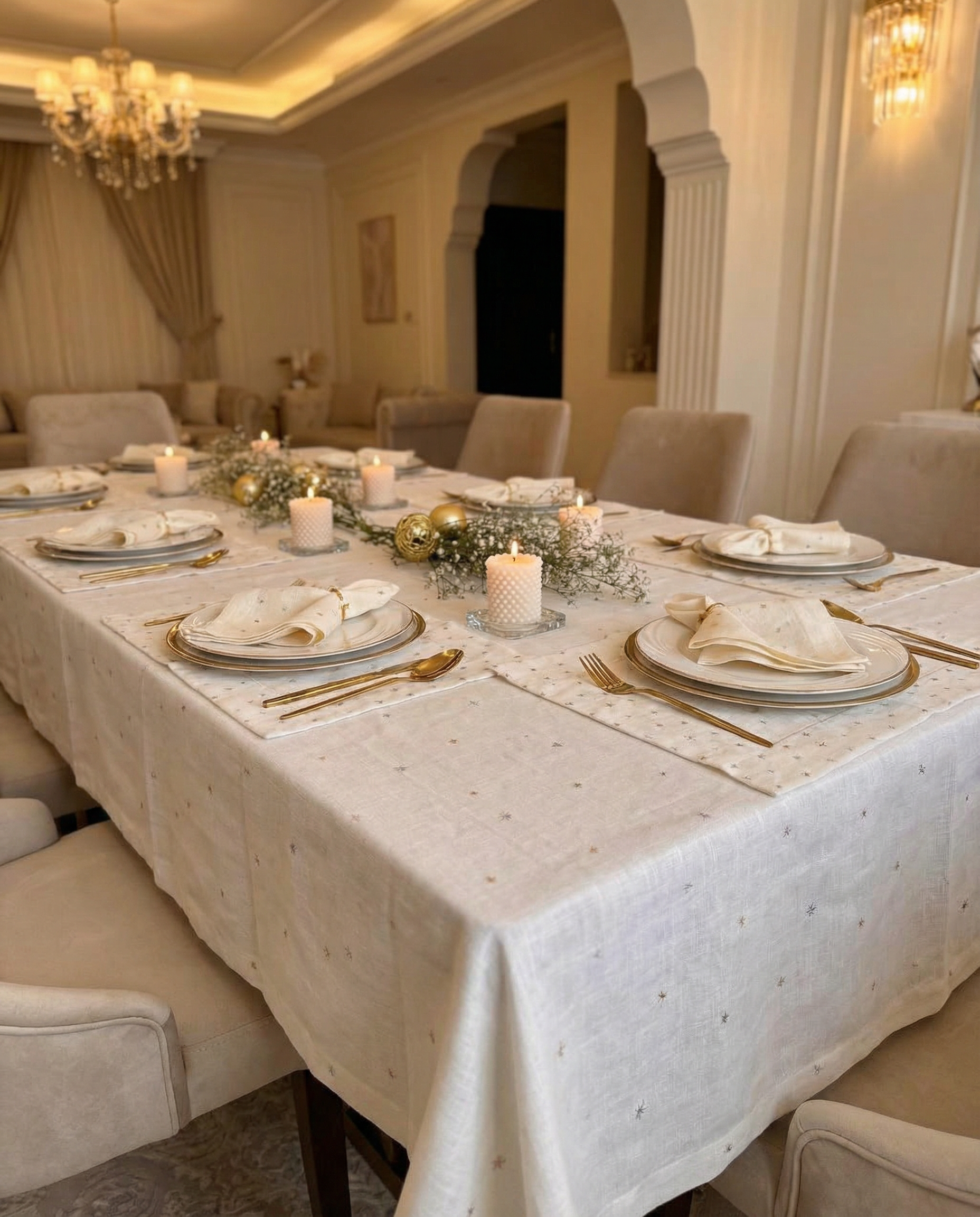 Elegant dining table set for a formal dinner with white tablecloth, gold cutlery, and decorative candles.