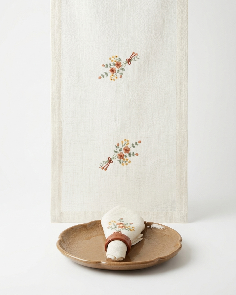 An off-white linen table runner with delicate floral embroidery in muted orange, yellow, and green, styled on a white background with a ceramic plate and napkin.